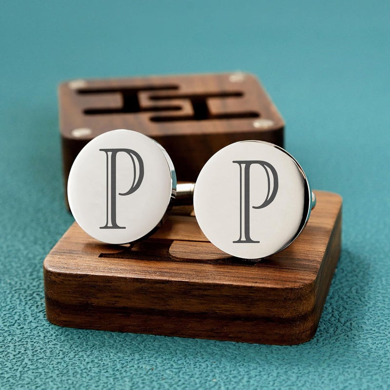 SeemDanten Mens Classic Initial Cuff links A-Z Alphabet 26 Letters Stainless Steel Silver CuffLinks with Engraved Walnut Wood Gift Box Business Wedding Set - Image 5